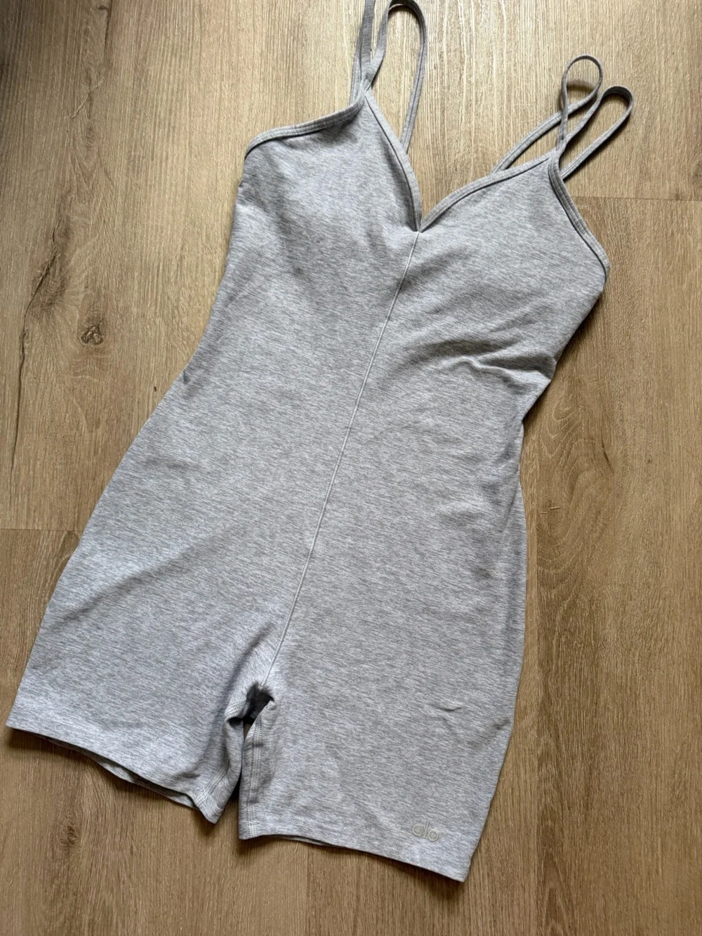 ALO Yoga Light Grey Ribbed Double-Strap Romper Bodysuit